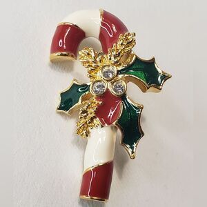 Candycane Brooch with Christmas Holly